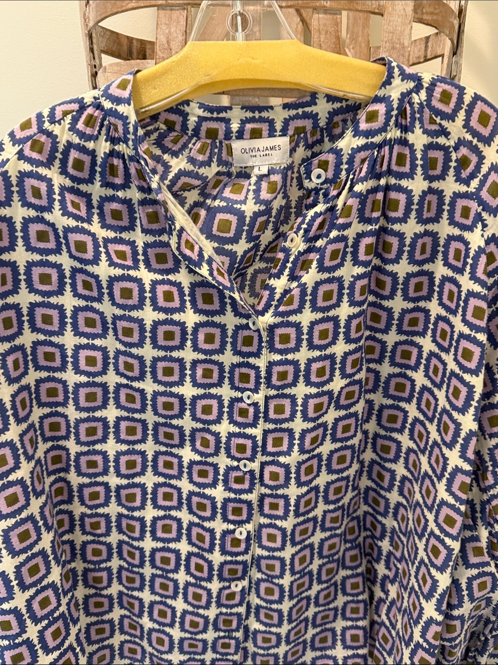 Olivia James Geometric Print Button-Front Blouse in Blue and Purple